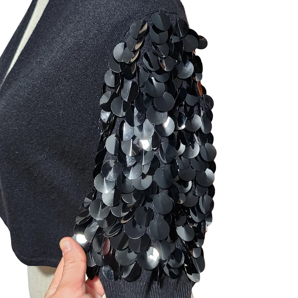 REISS Sequin Cardigan Womens Medium Black Bolero Evening Cashmere Wool Angora - Picture 4 of 12